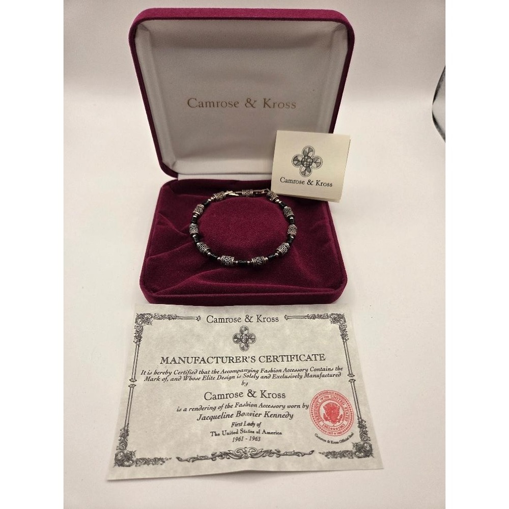 Camrose & Kross Jacqueline Kennedy Black Onyx Style Beaded Bracelet Signed JBK